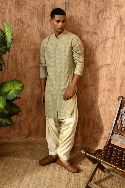 GREEN GEORGETTE mens kurta salwar with threadwork