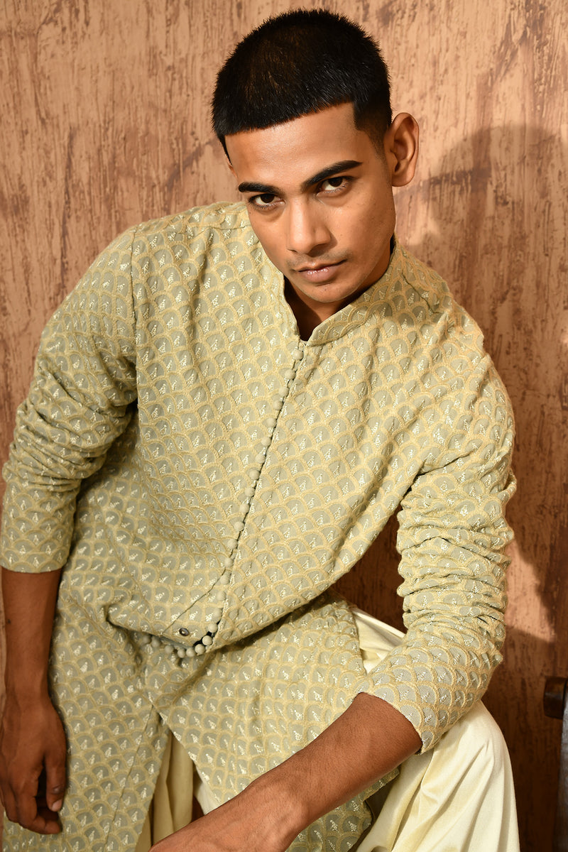 GREEN GEORGETTE mens kurta salwar with threadwork