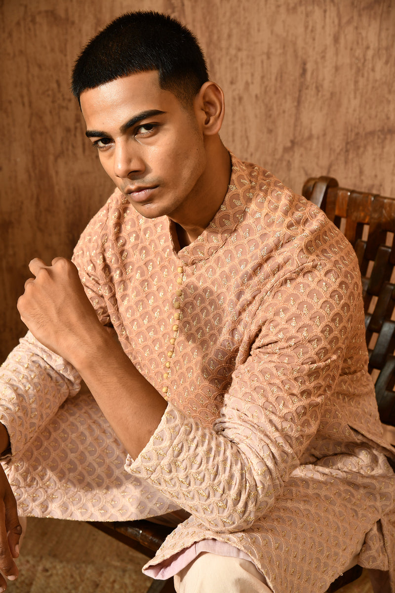 ROSE GOLD GEORGETTE mens kurta pajama with threadwork