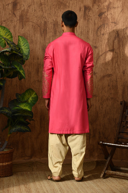 PINK COTTON TUSSER mens kurta salwar with block printing and pitta work