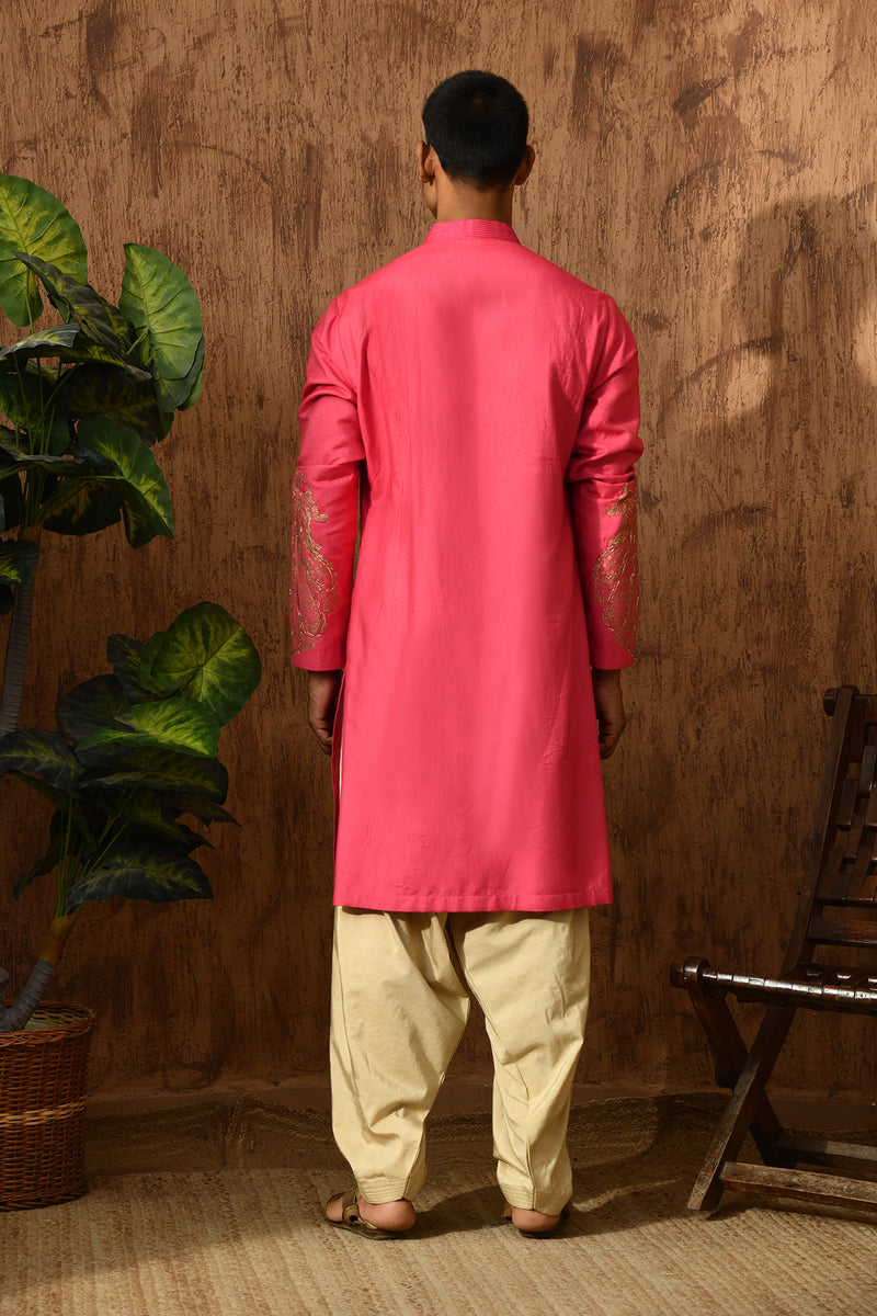 PINK COTTON TUSSER mens kurta salwar with block printing and pitta work