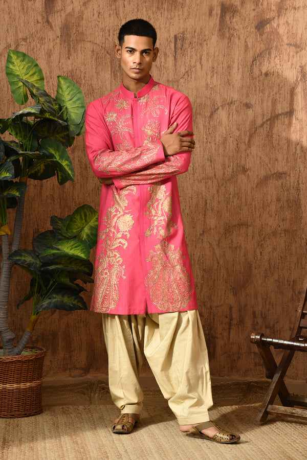 PINK COTTON TUSSER mens kurta salwar with block printing and pitta work