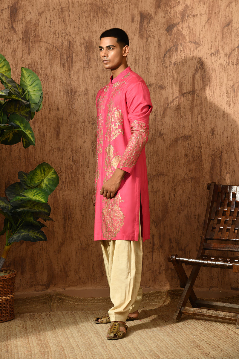 PINK COTTON TUSSER mens kurta salwar with block printing and pitta work