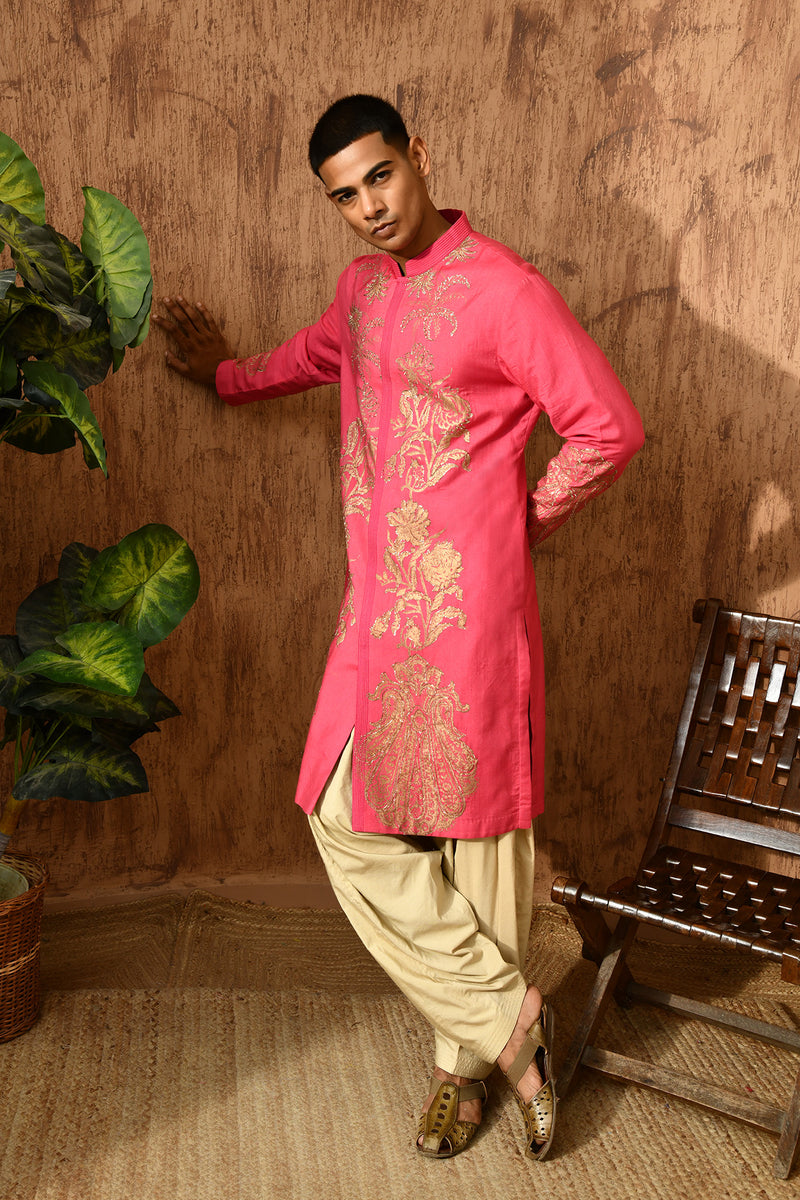 PINK COTTON TUSSER mens kurta salwar with block printing and pitta work