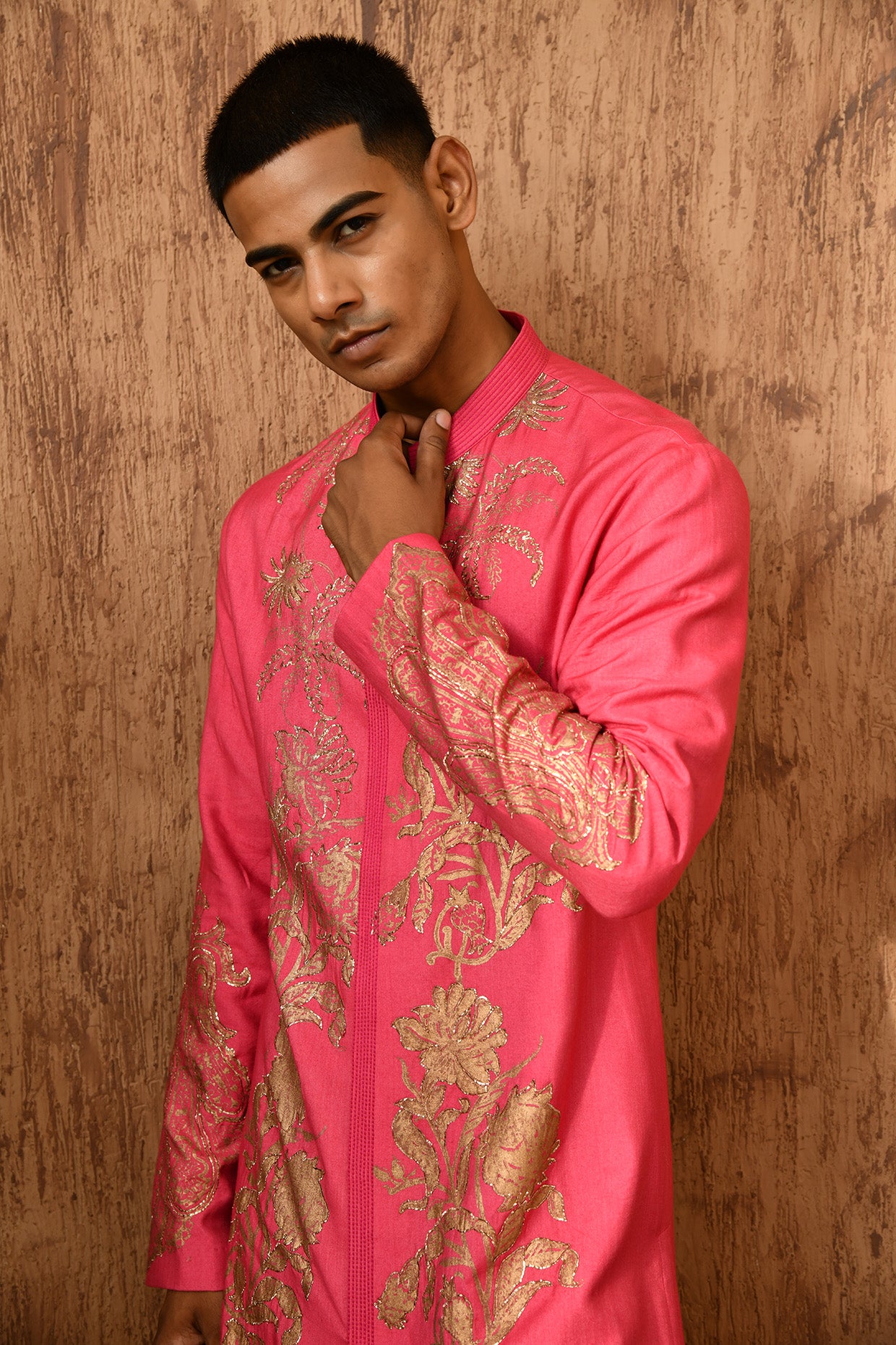 PINK COTTON TUSSER mens kurta salwar with block printing and pitta work
