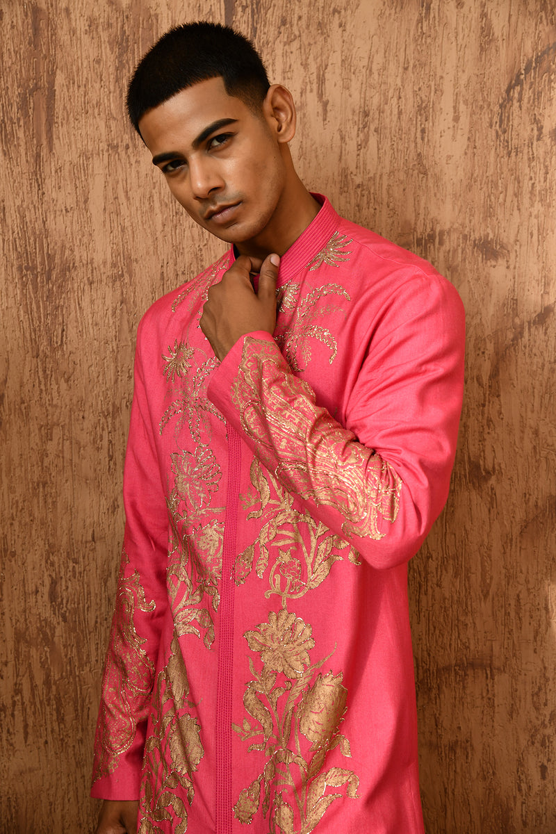 PINK COTTON TUSSER mens kurta salwar with block printing and pitta work
