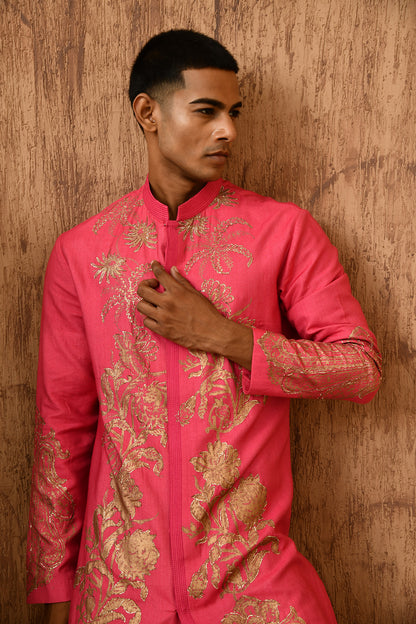 PINK COTTON TUSSER mens kurta salwar with block printing and pitta work