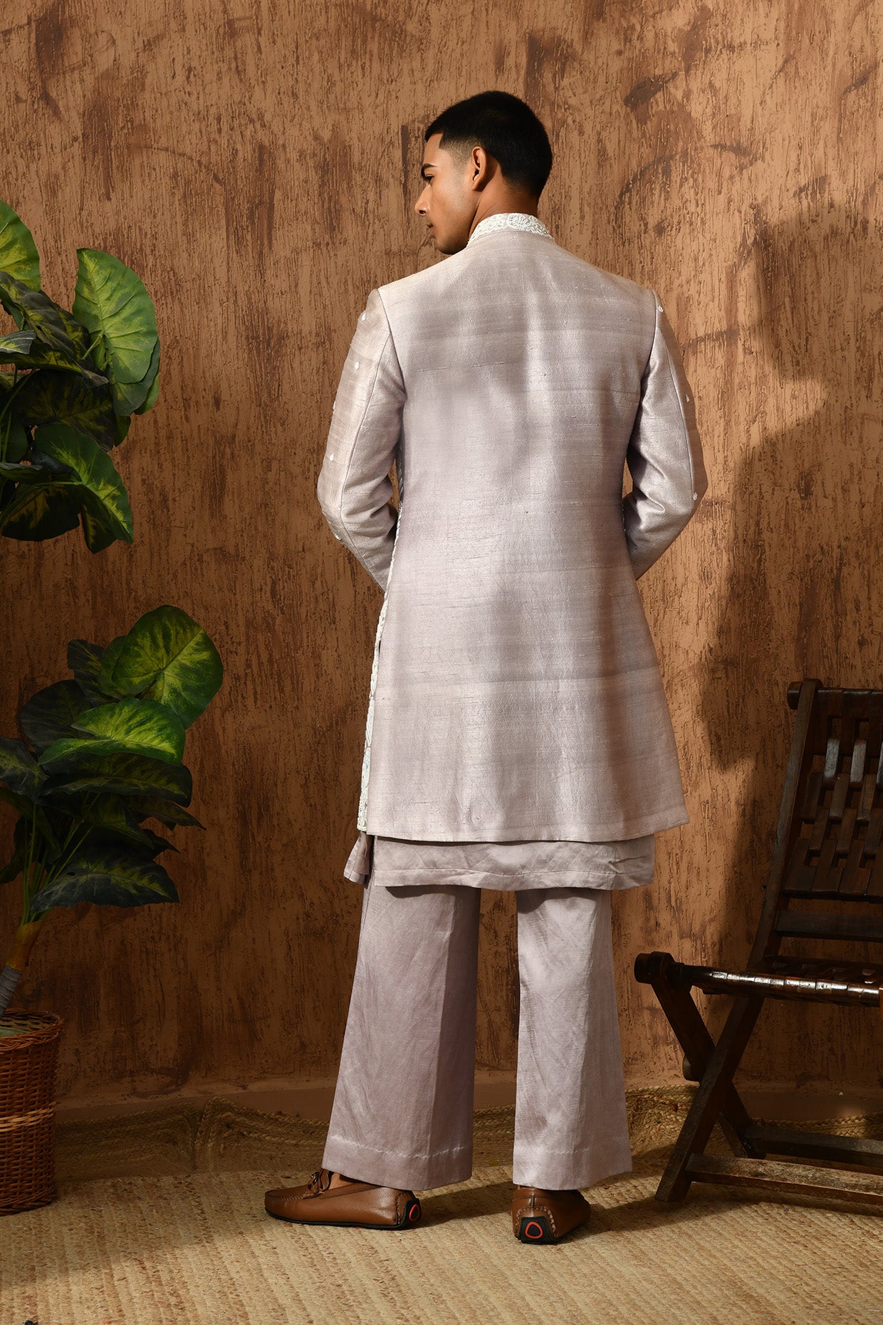 LAVENDER LINEN SATIN mens indowestern set with threadwork and zardozi