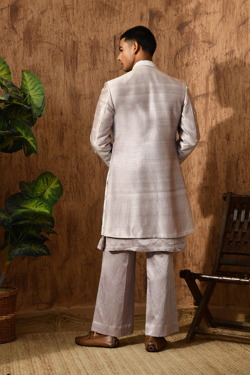 LAVENDER LINEN SATIN mens indowestern set with threadwork and zardozi