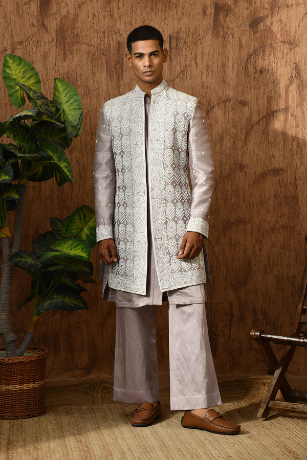 LAVENDER LINEN SATIN mens indowestern set with threadwork and zardozi