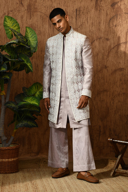 LAVENDER LINEN SATIN mens indowestern set with threadwork and zardozi