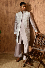 LAVENDER LINEN SATIN mens indowestern set with threadwork and zardozi