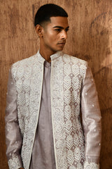 LAVENDER LINEN SATIN mens indowestern set with threadwork and zardozi