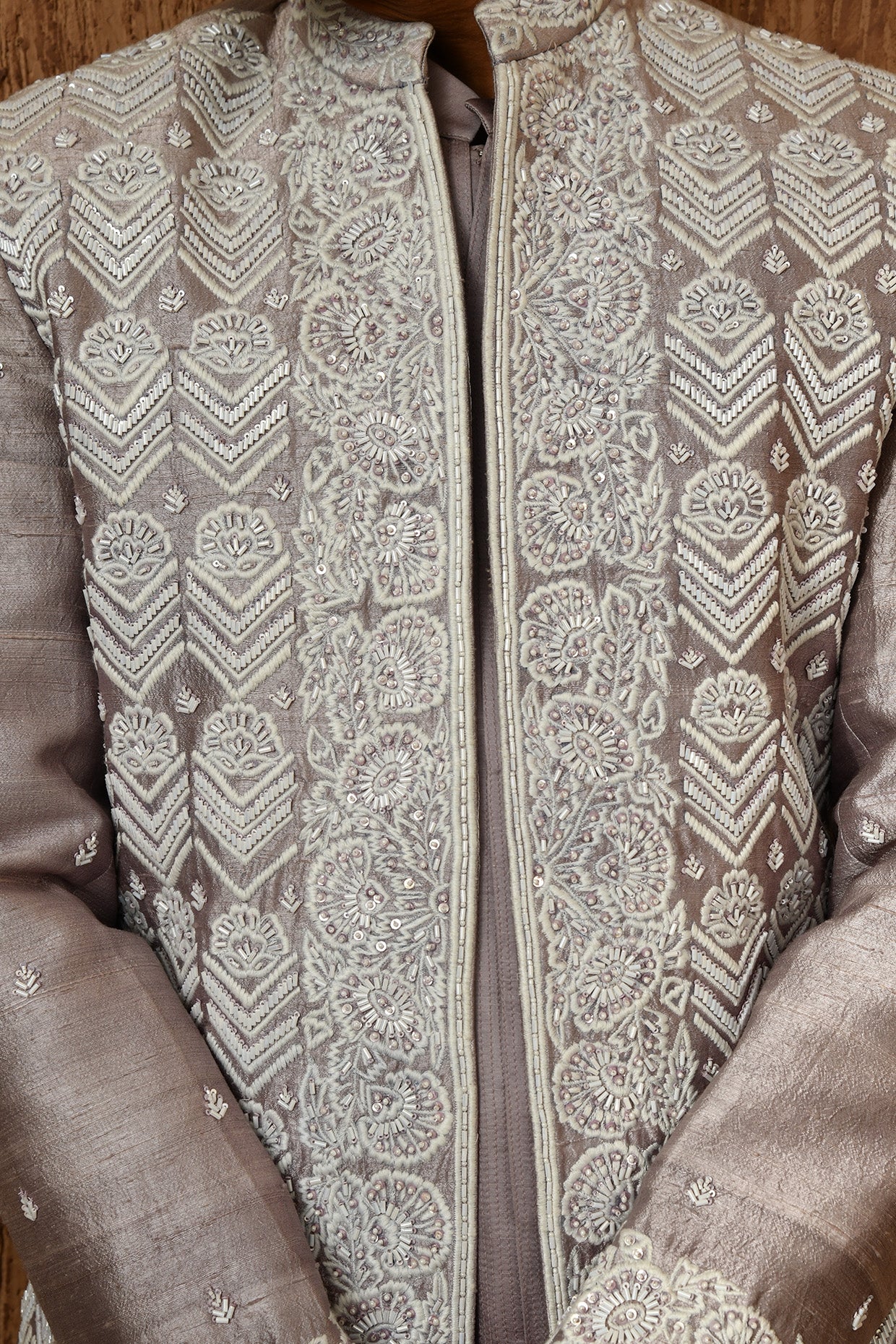 LAVENDER LINEN SATIN mens indowestern set with threadwork and zardozi