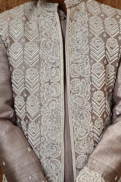 LAVENDER LINEN SATIN mens indowestern set with threadwork and zardozi