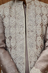 LAVENDER LINEN SATIN mens indowestern set with threadwork and zardozi