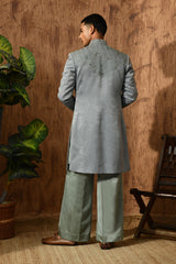GREEN METALLIC mens indowestern set with threadwork and zardozi