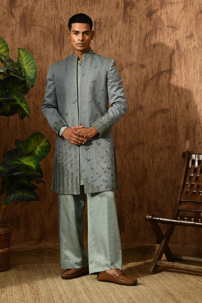 GREEN METALLIC mens indowestern set with threadwork and zardozi