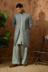 GREEN METALLIC mens indowestern set with threadwork and zardozi