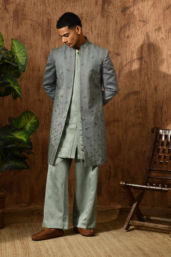 GREEN METALLIC mens indowestern set with threadwork and zardozi
