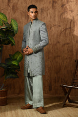 GREEN METALLIC mens indowestern set with threadwork and zardozi