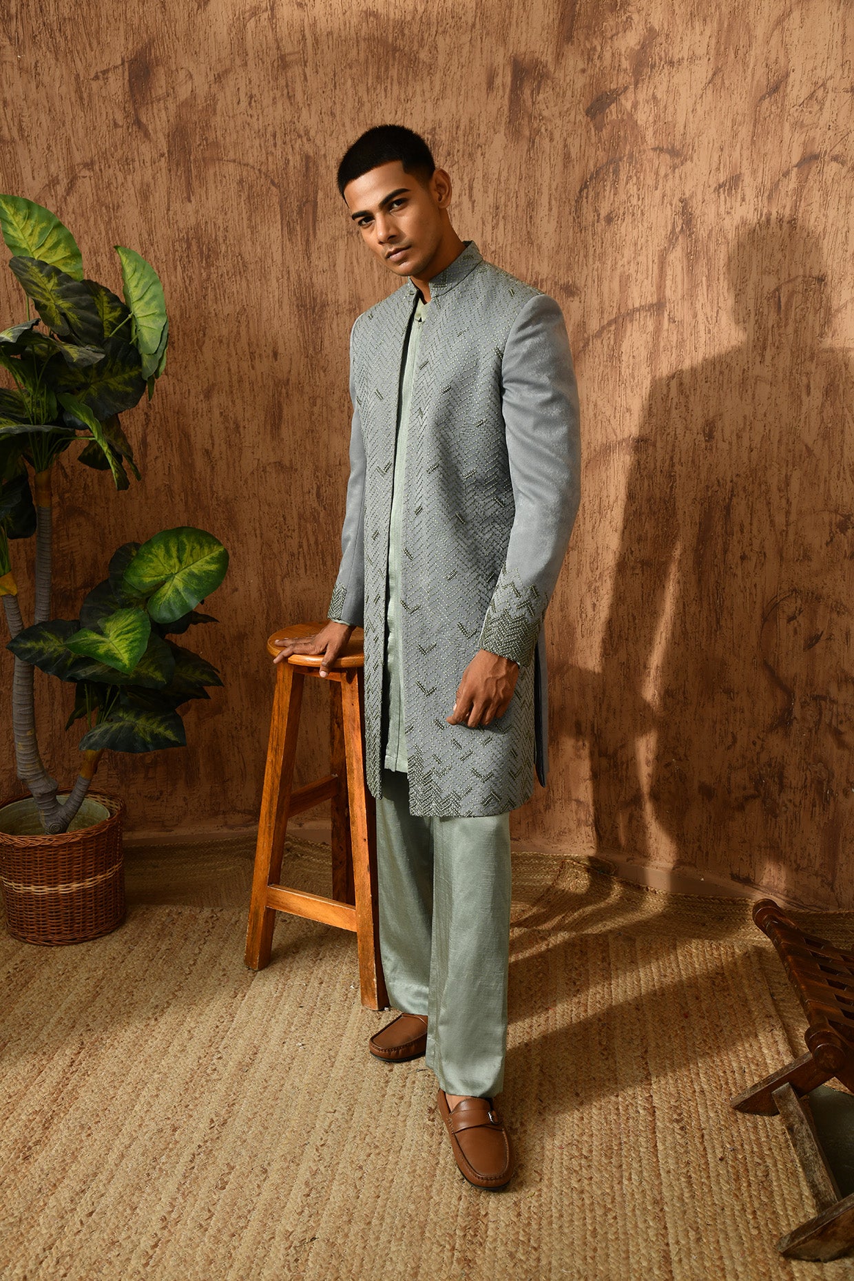 GREEN METALLIC mens indowestern set with threadwork and zardozi