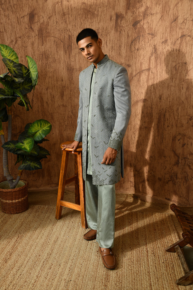 GREEN METALLIC mens indowestern set with threadwork and zardozi