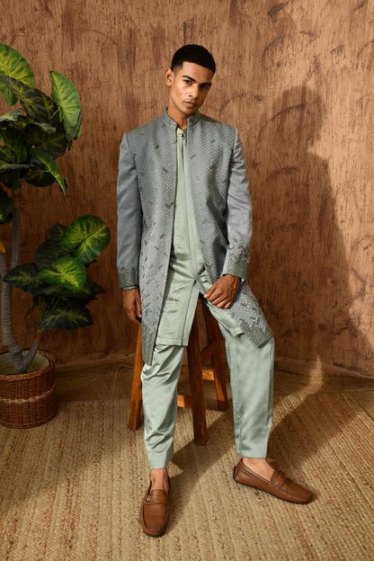 GREEN METALLIC mens indowestern set with threadwork and zardozi