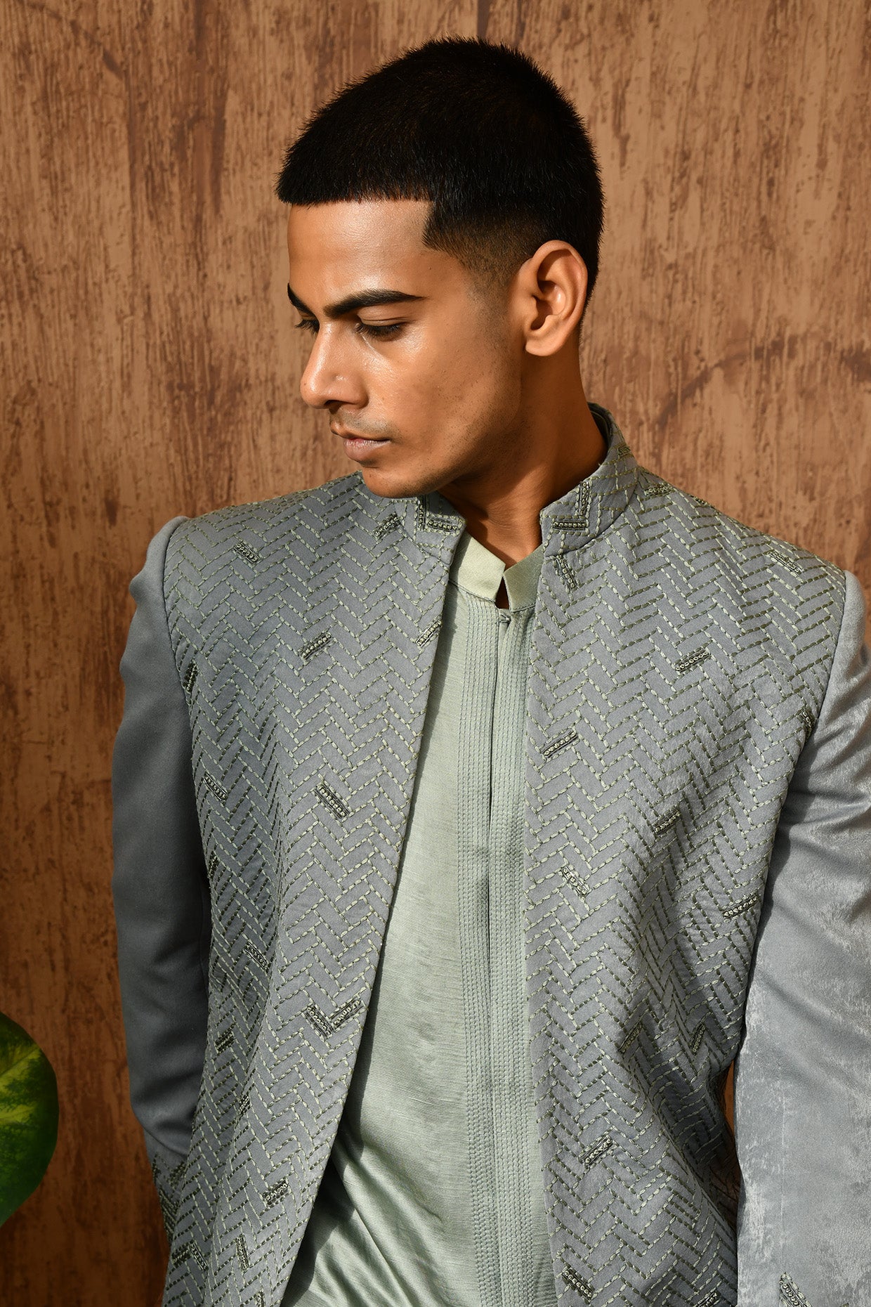 GREEN METALLIC mens indowestern set with threadwork and zardozi