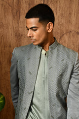 GREEN METALLIC mens indowestern set with threadwork and zardozi