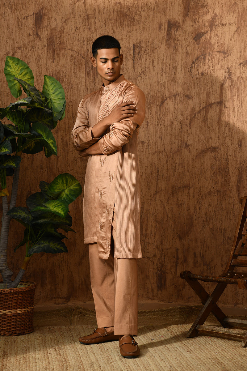 ROSE GOLD LINEN SATIN mens kurta pajama with pittawork