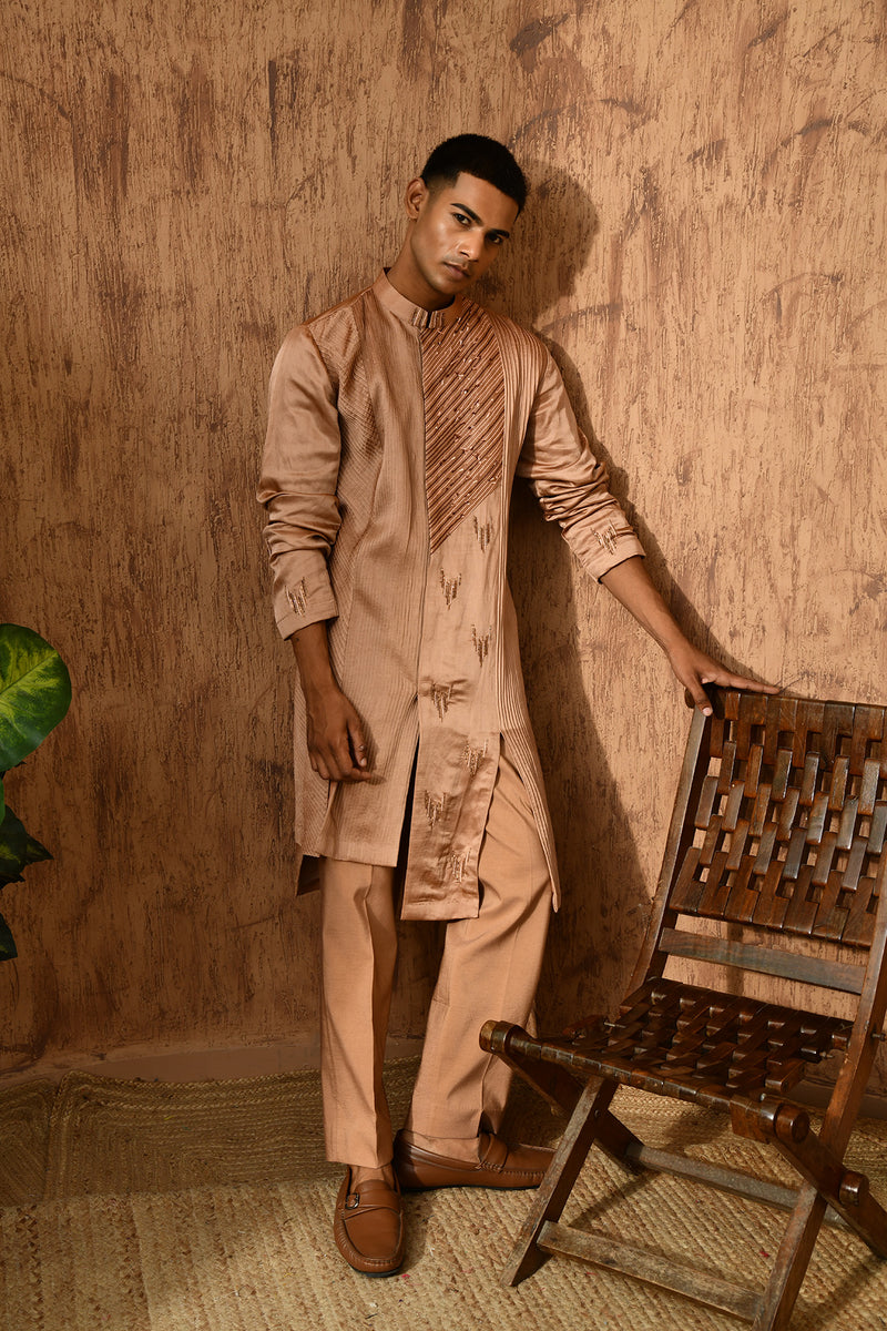 ROSE GOLD LINEN SATIN mens kurta pajama with pittawork