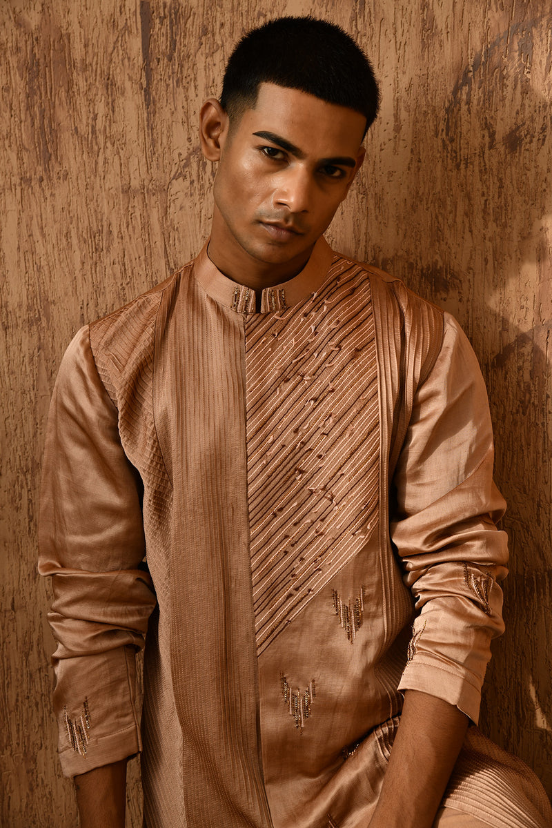 ROSE GOLD LINEN SATIN mens kurta pajama with pittawork