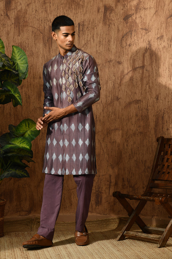 WINE CHANDERI mens kurta pajama with 3d embroidery