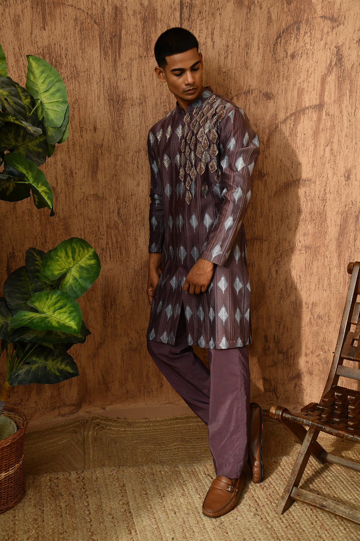 WINE CHANDERI mens kurta pajama with 3d embroidery