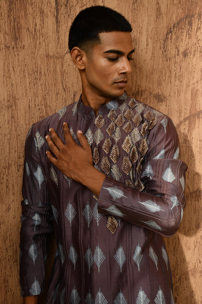 WINE CHANDERI mens kurta pajama with 3d embroidery