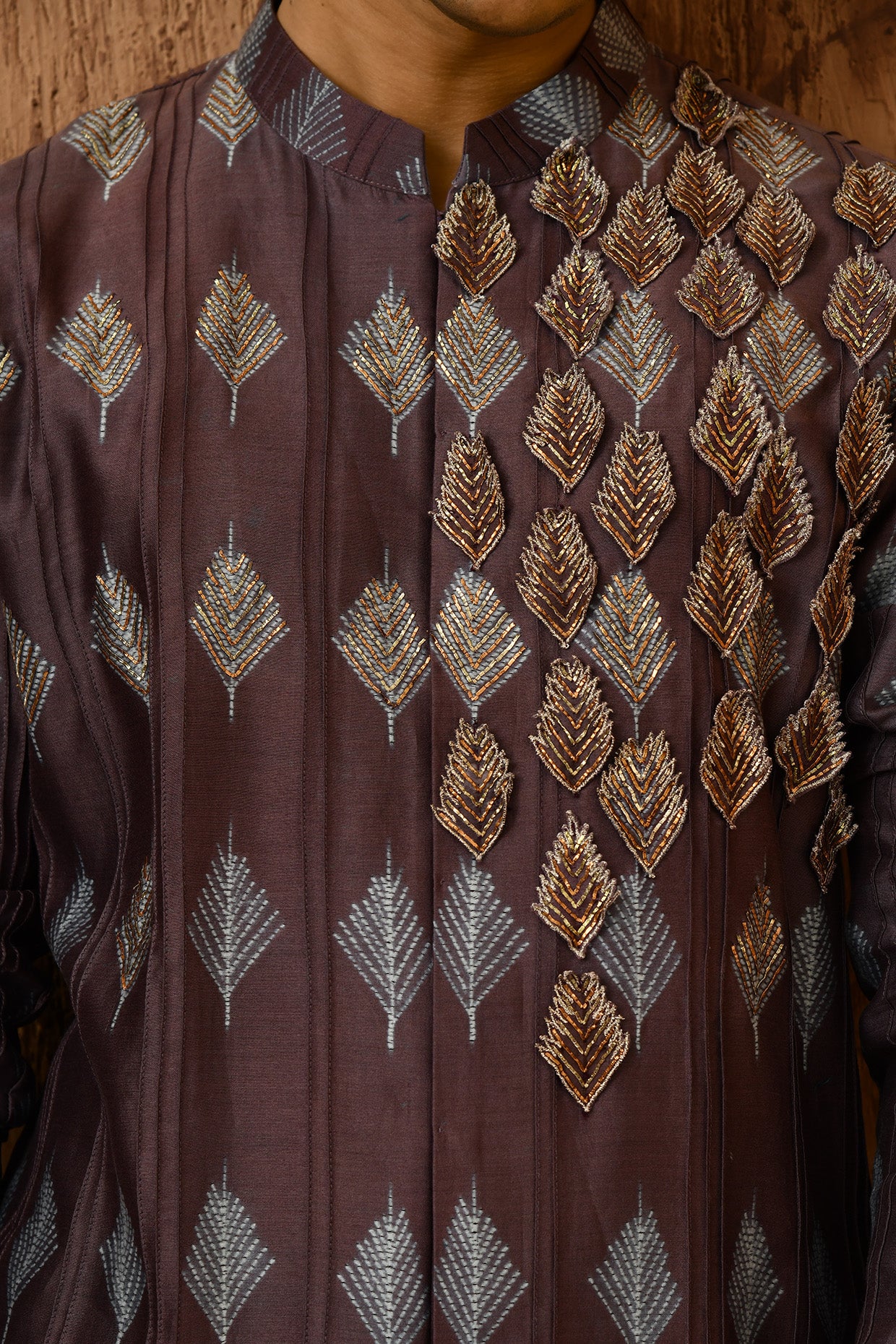 WINE CHANDERI mens kurta pajama with 3d embroidery