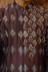 WINE CHANDERI mens kurta pajama with 3d embroidery