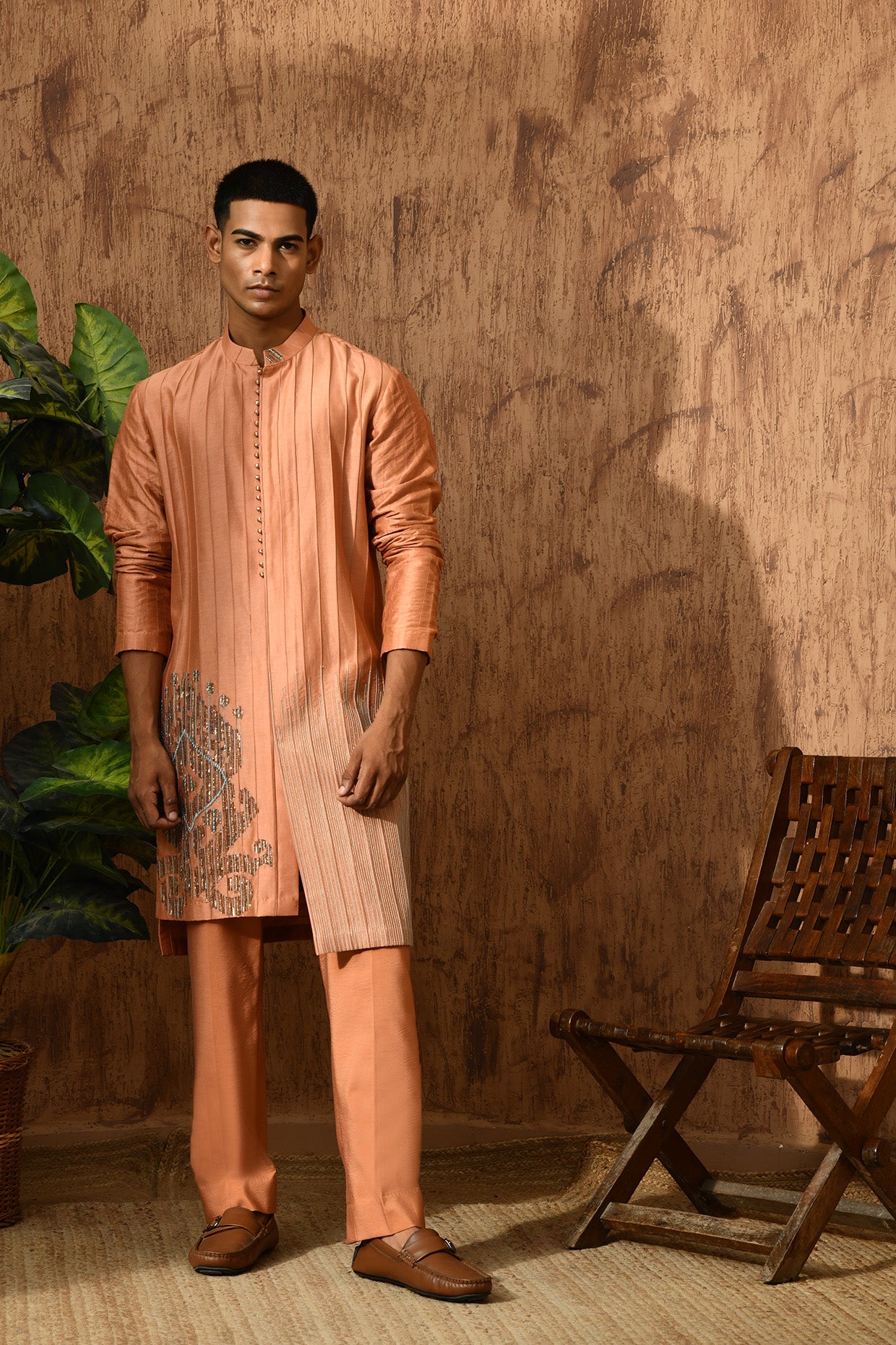 PEACH CHANDERI mens kurta pajama with pittawork
