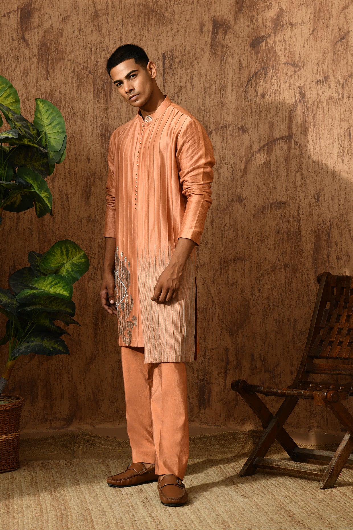 PEACH CHANDERI mens kurta pajama with pittawork