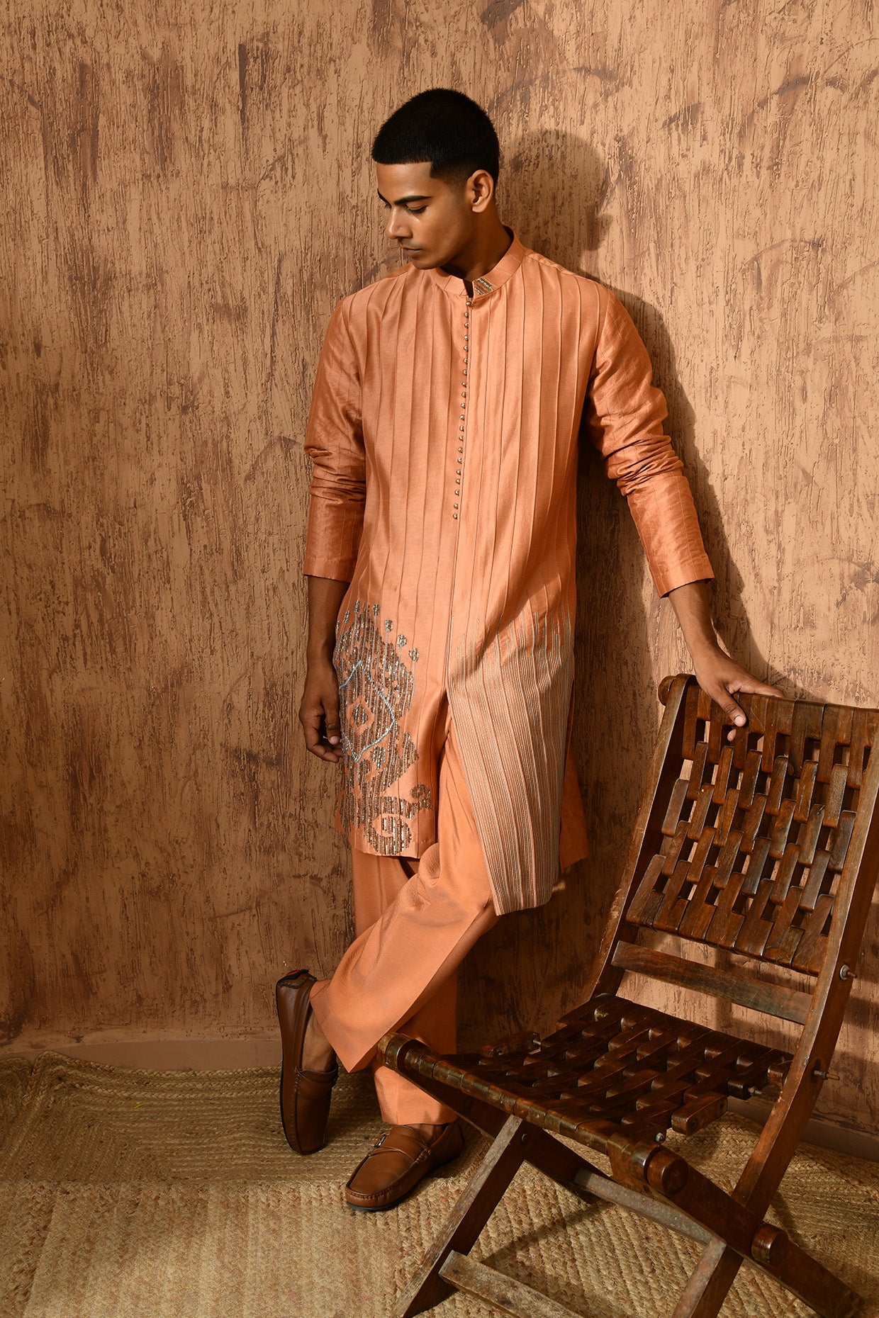 PEACH CHANDERI mens kurta pajama with pittawork
