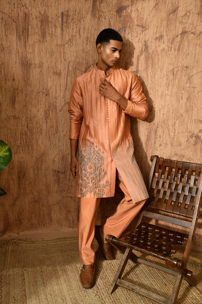 PEACH CHANDERI mens kurta pajama with pittawork