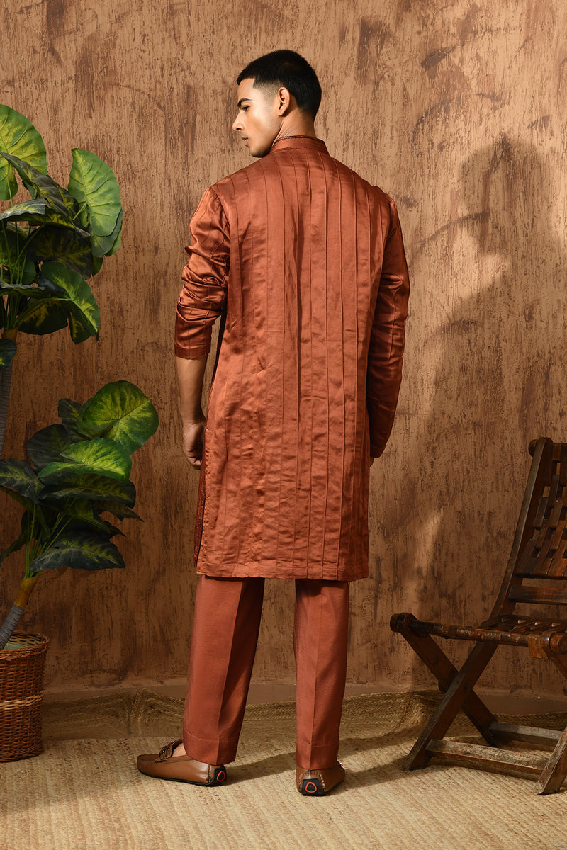 MOCHA LINEN SATIN mens kurta pajama with threadwork