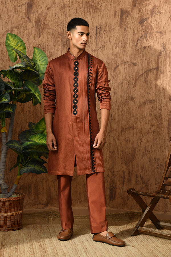 MOCHA LINEN SATIN mens kurta pajama with threadwork