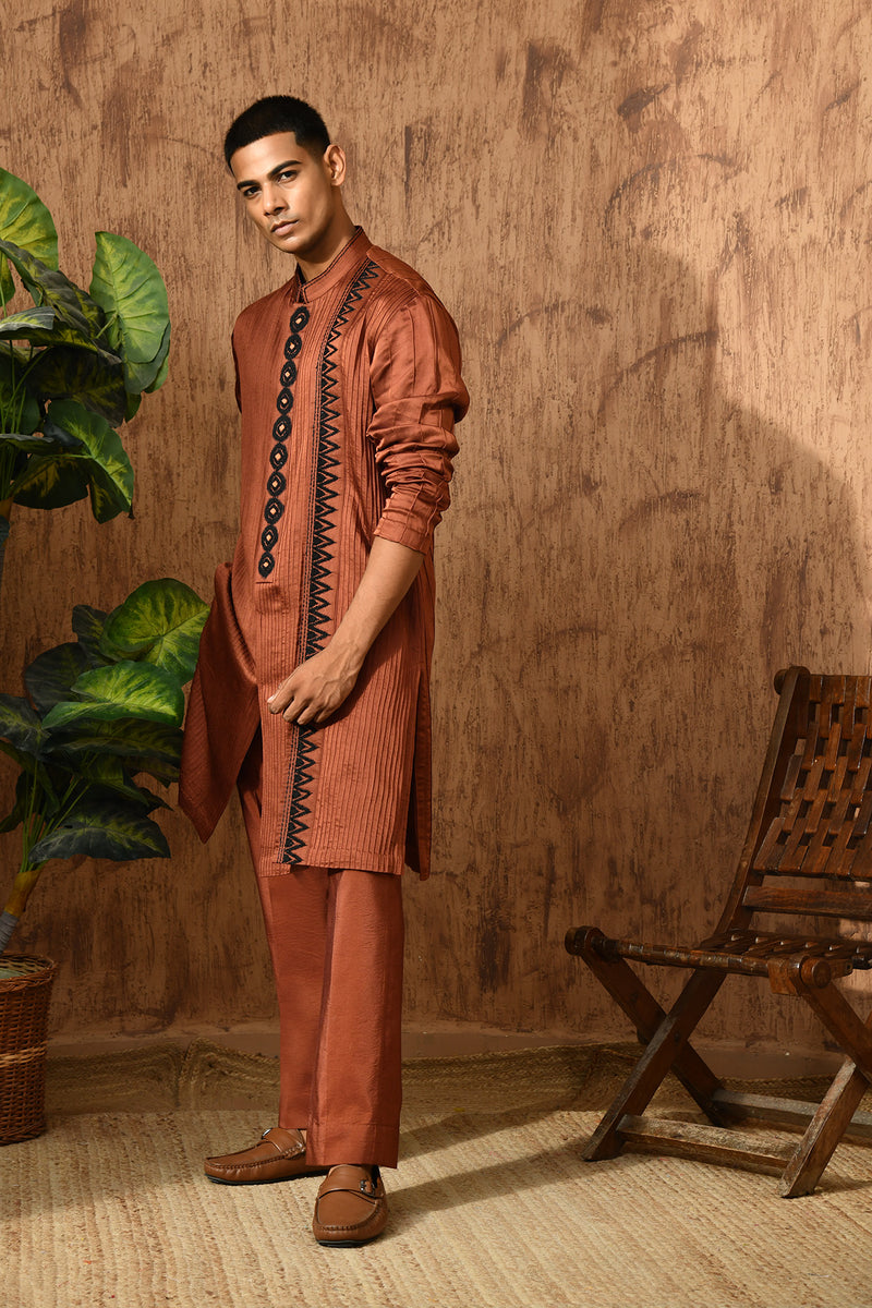 MOCHA LINEN SATIN mens kurta pajama with threadwork