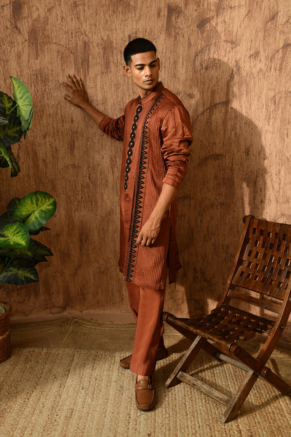 MOCHA LINEN SATIN mens kurta pajama with threadwork