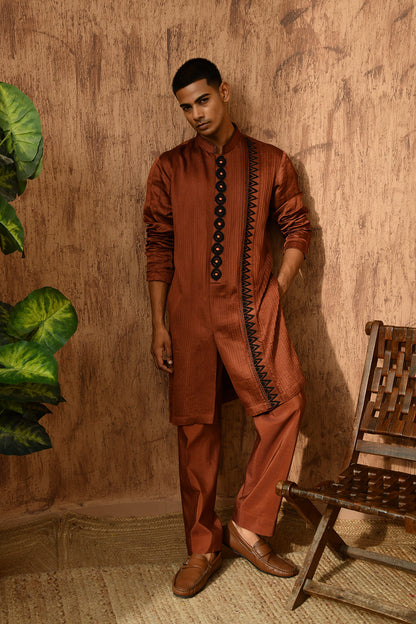 MOCHA LINEN SATIN mens kurta pajama with threadwork