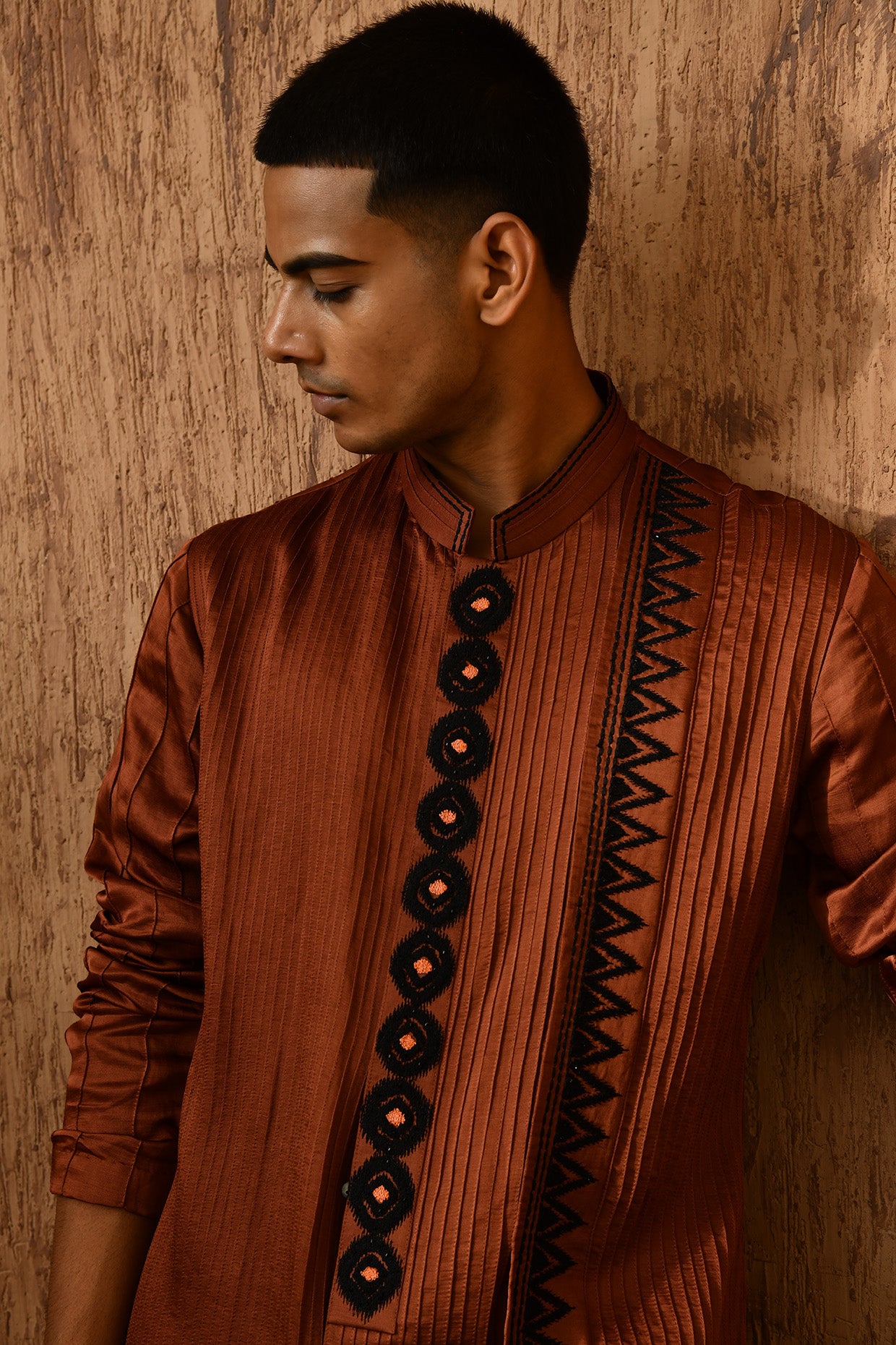 MOCHA LINEN SATIN mens kurta pajama with threadwork