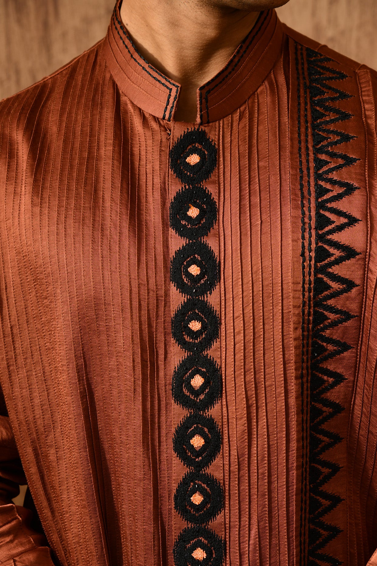 MOCHA LINEN SATIN mens kurta pajama with threadwork