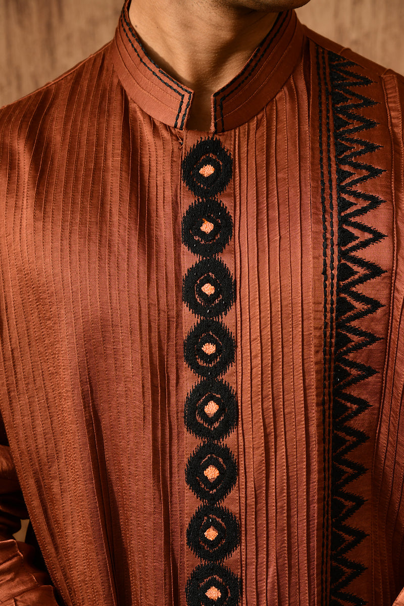 MOCHA LINEN SATIN mens kurta pajama with threadwork